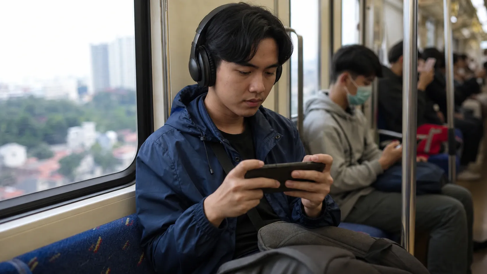 Seorang penumpang memainkan game di ponsel Android saat perjalanan tanpa koneksi
