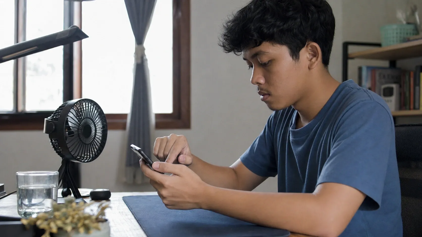 Seorang pemain mengatur ponsel dan pendingin meja untuk mengatasi lag saat bermain