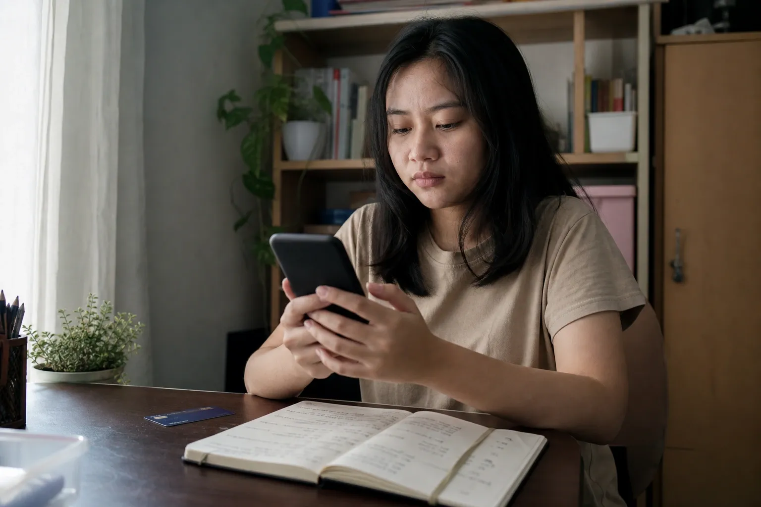 Seorang pemain mempertimbangkan pengeluaran game dengan satu ponsel dan catatan anggaran
