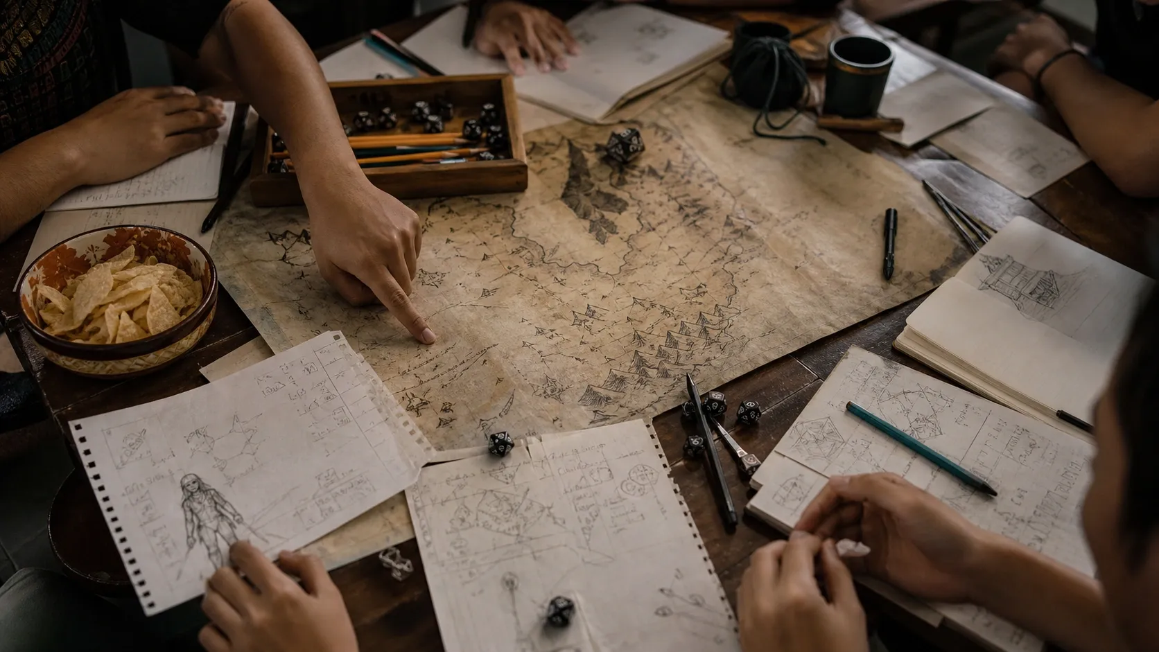 Meja permainan peran dengan peta fantasi, dadu, dan tangan pemain sebagai gambaran game RPG