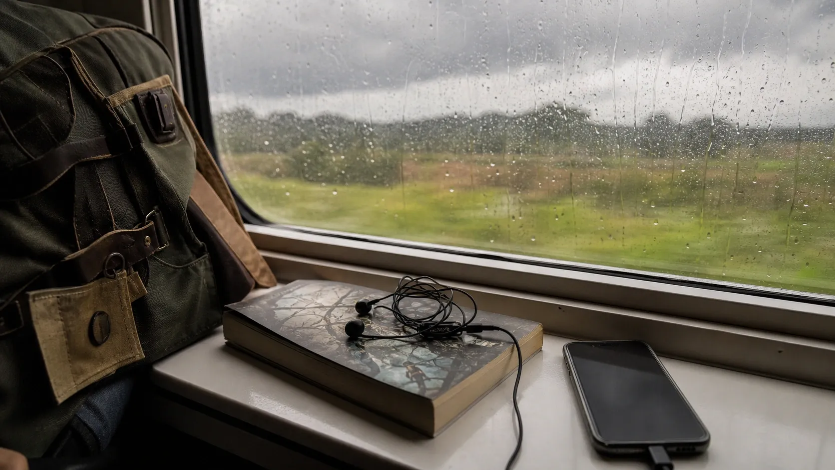 Ponsel, buku fantasi, dan earphone di kereta untuk bermain game RPG offline di Android