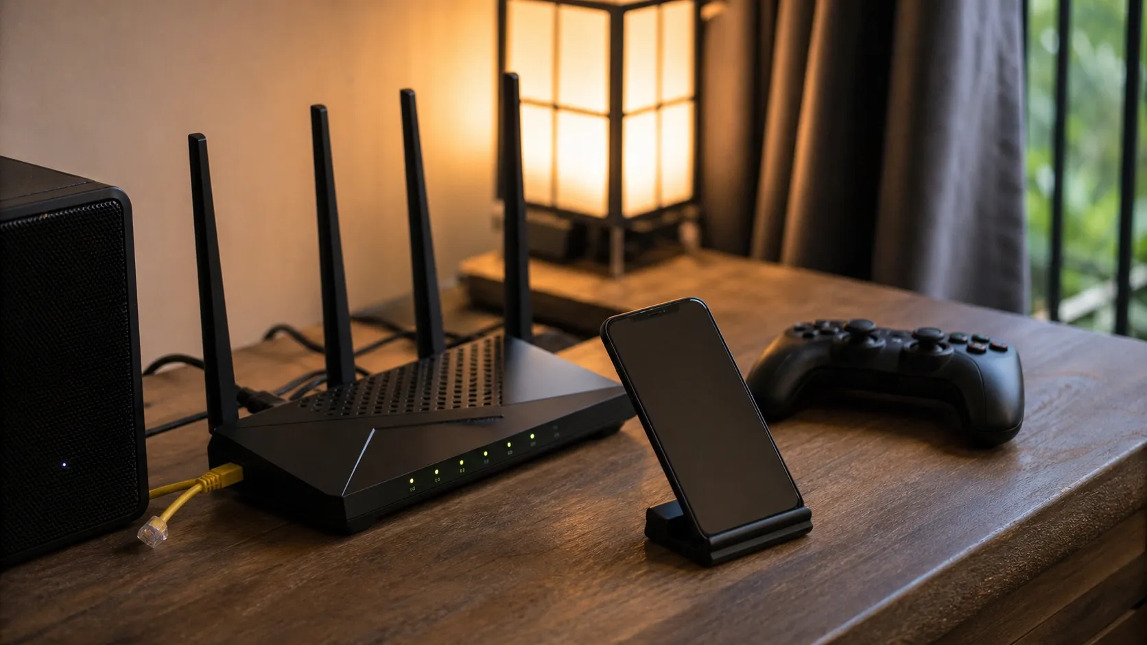 Router Wi-Fi, ponsel, dan controller di meja rumah sebagai gambaran cloud gaming untuk main game berat di HP