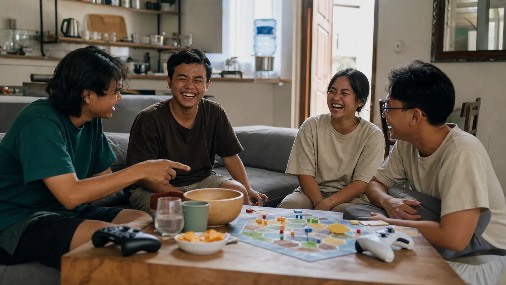 Teman-teman berkumpul di ruang tamu memainkan game multiplayer bareng teman