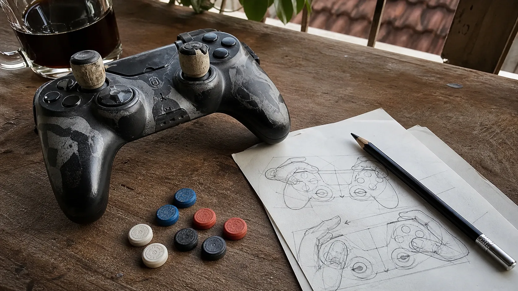 Controller dan sketsa posisi ibu jari untuk mengatur kontrol game agar lebih nyaman