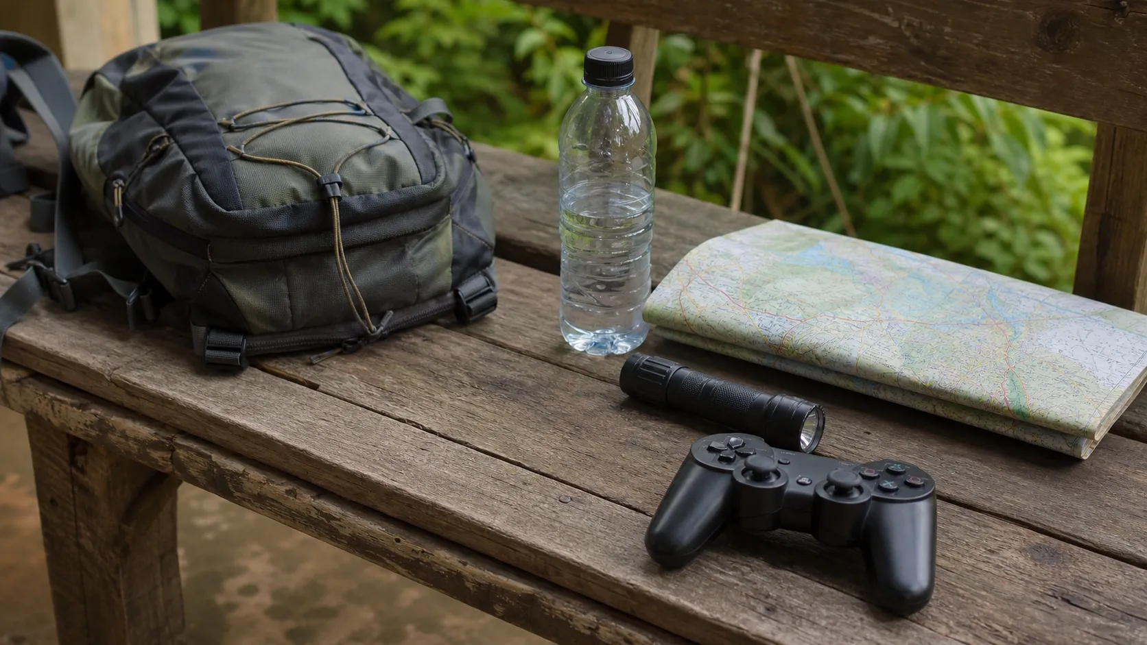 Tas kecil, peta, dan controller sebagai metafora strategi bertahan di game battle royale