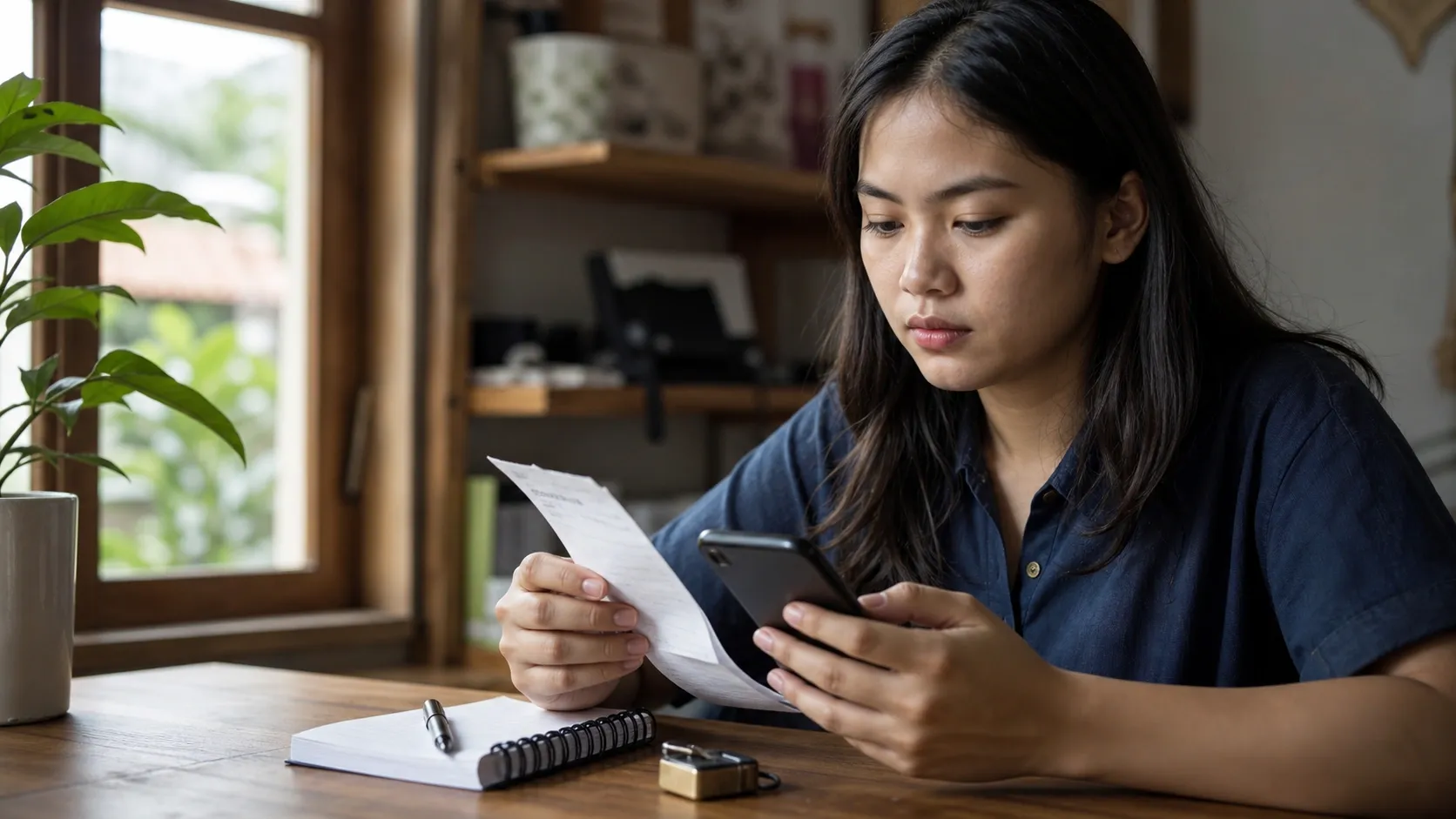 Seorang perempuan memeriksa bukti transaksi di ponsel sebelum top up game dengan aman