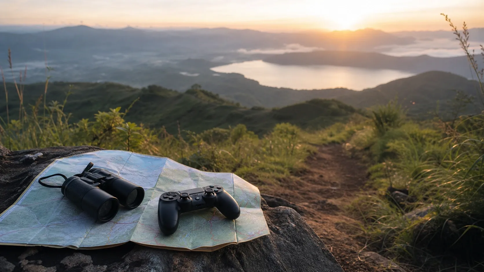 Jalur pendakian terbuka dengan peta dan teropong sebagai metafora game open world