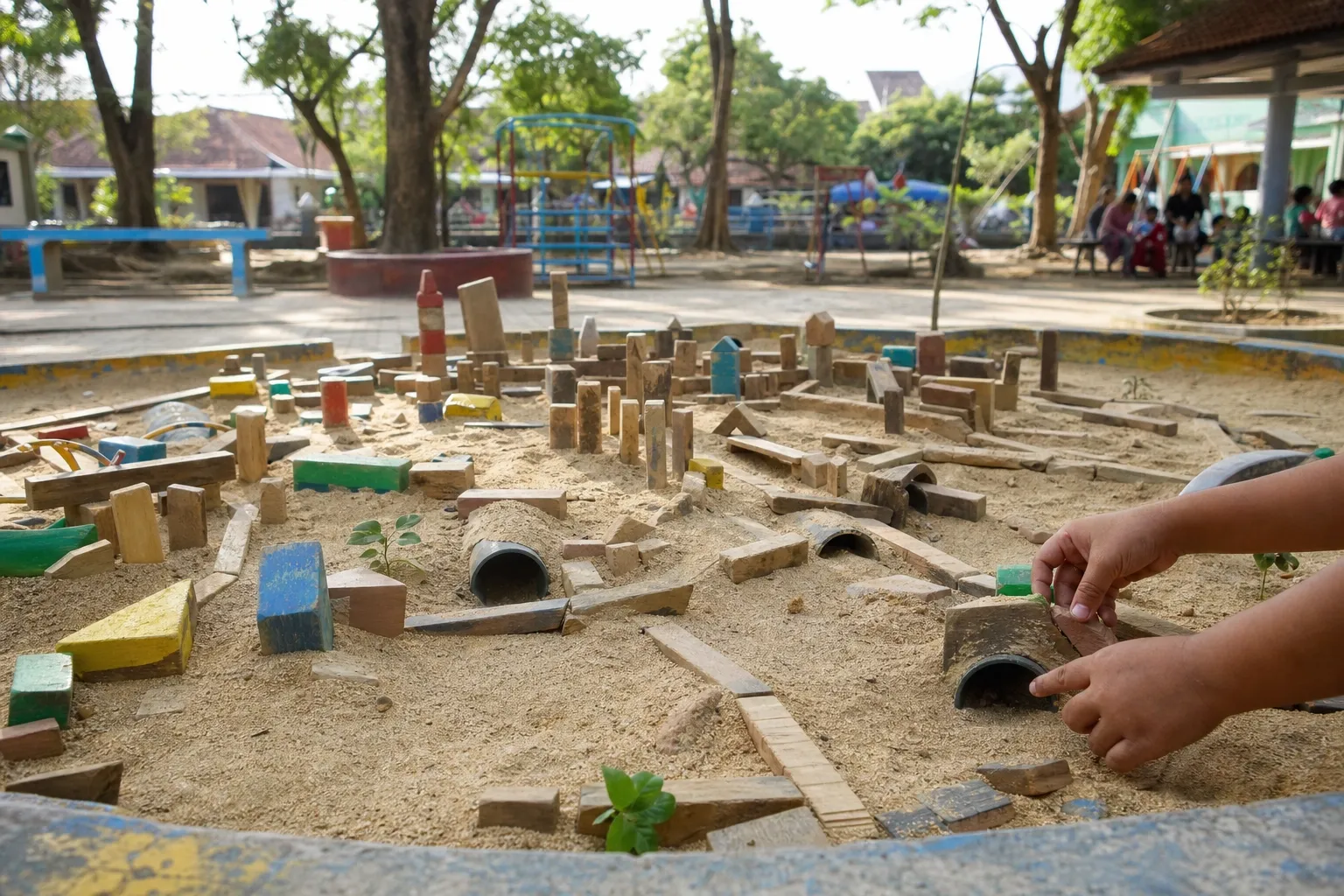 Kota kecil dari balok kayu di kotak pasir sebagai metafora kebebasan game sandbox