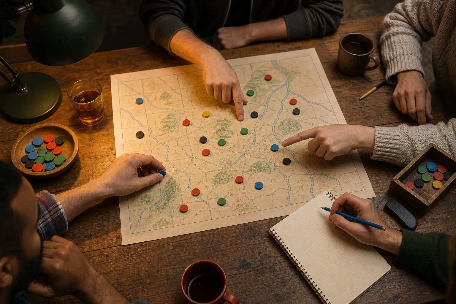 Tangan menyusun token kayu di meja sebagai gambaran game strategi untuk mengasah otak