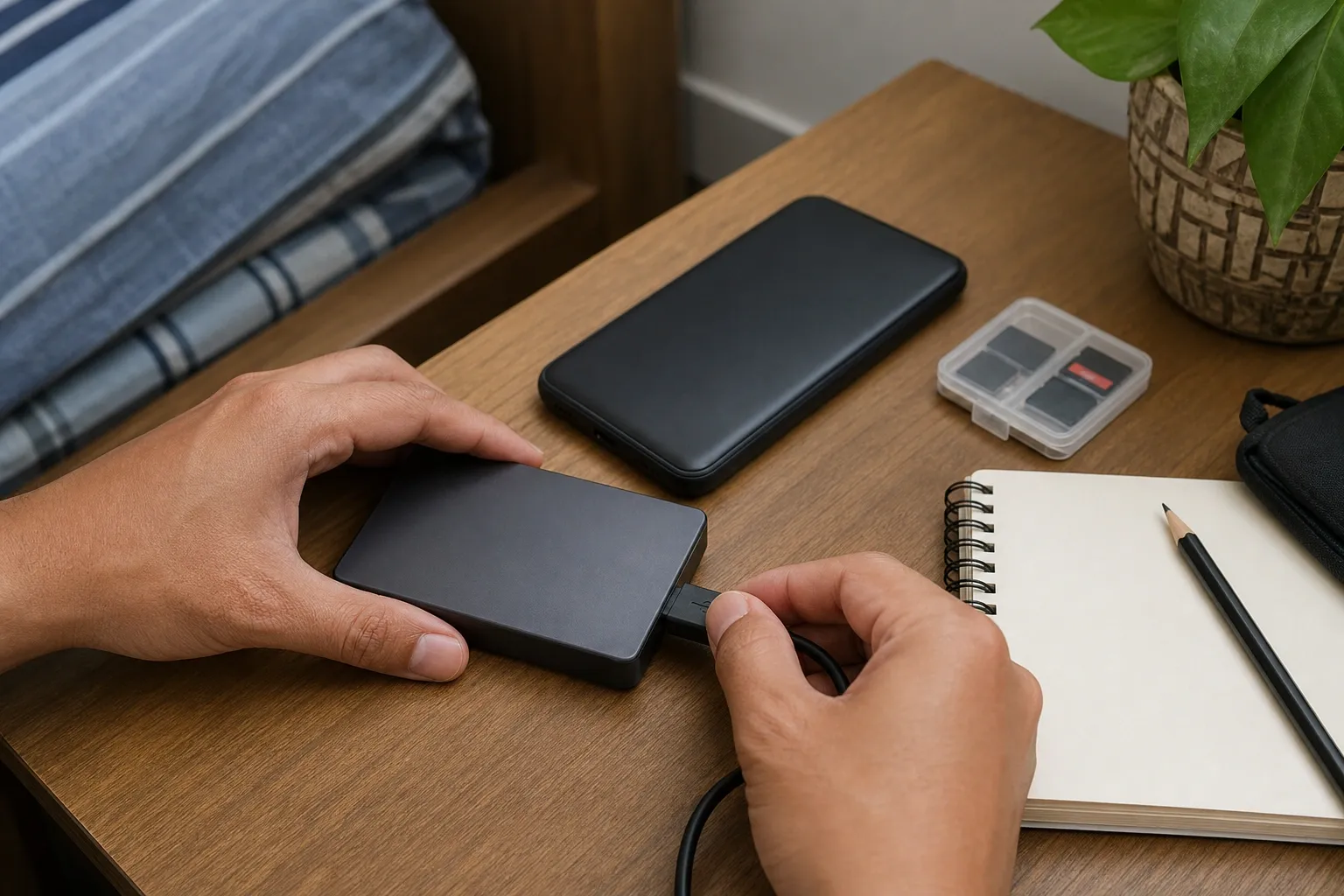 Ponsel, SSD eksternal, dan kartu memori untuk membackup dan memindahkan data game