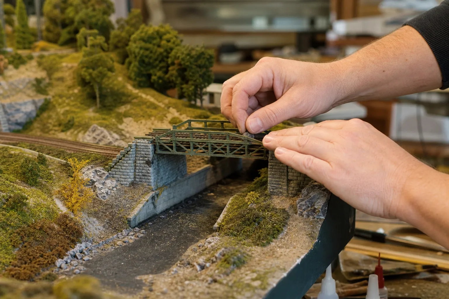 Tangan merapikan miniatur kereta api sebagai gambaran game simulasi