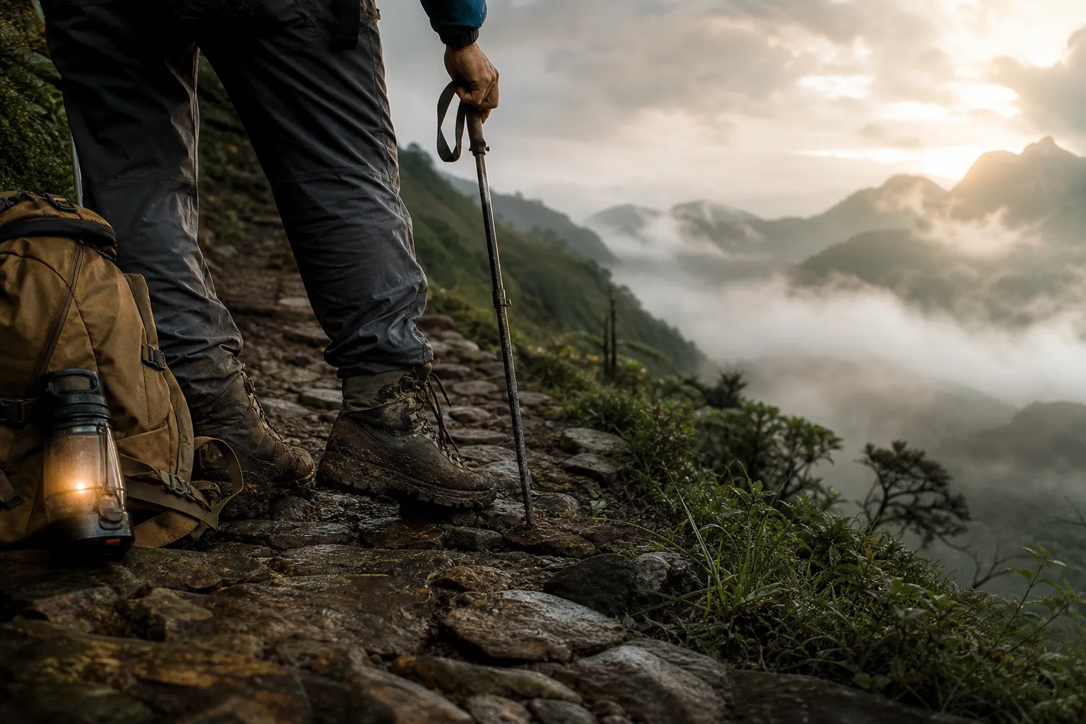 Sepatu pendakian berlumpur di jalur batu sebagai metafora tantangan game souls-like