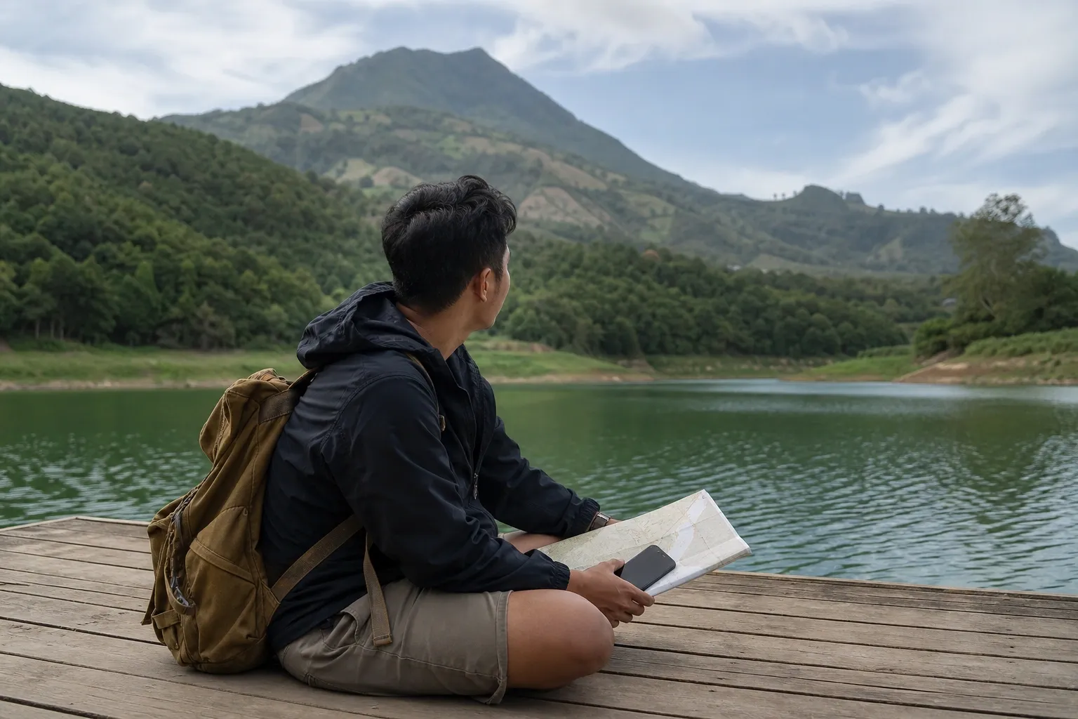 Pendaki dengan peta di tepi danau sebagai suasana game open world yang bisa dimainkan di HP