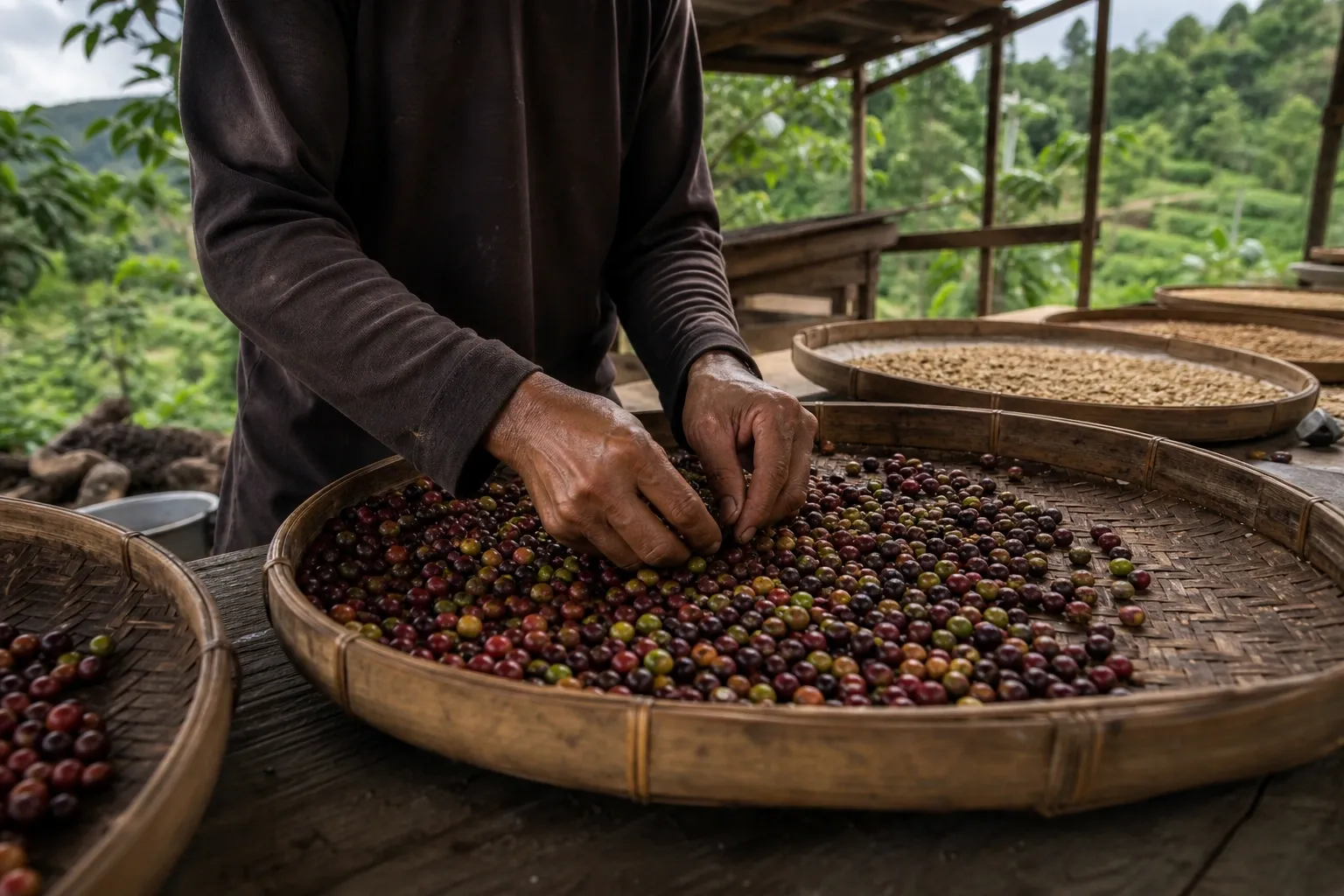 Tangan menyortir biji kopi di nampan sebagai metafora grinding dan farming dalam game